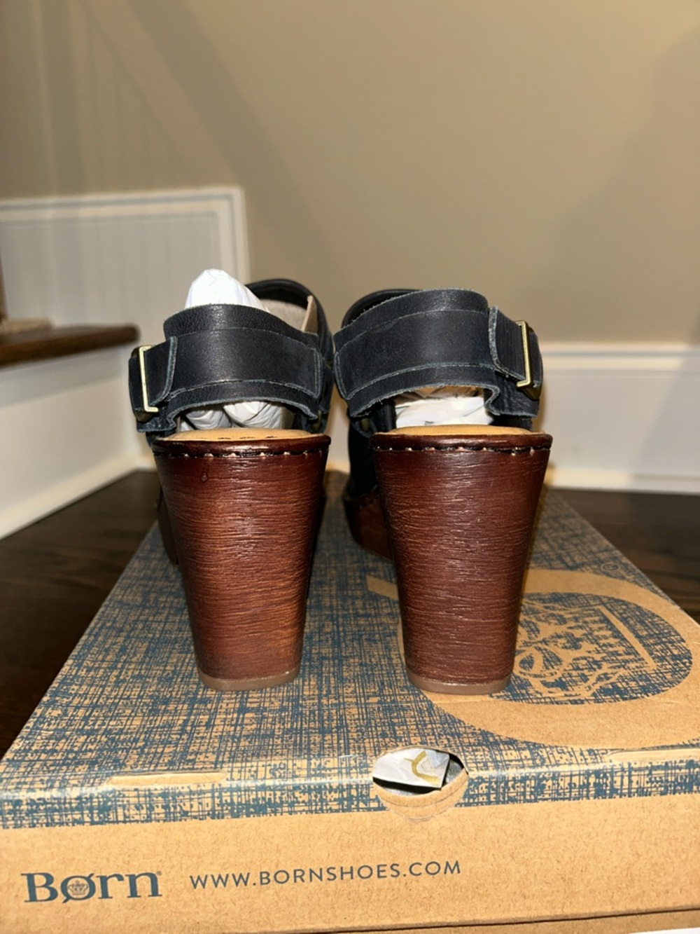 Born Black Leather Clog Mules with Brown Wood-Look Soles - Picture 3 of 7